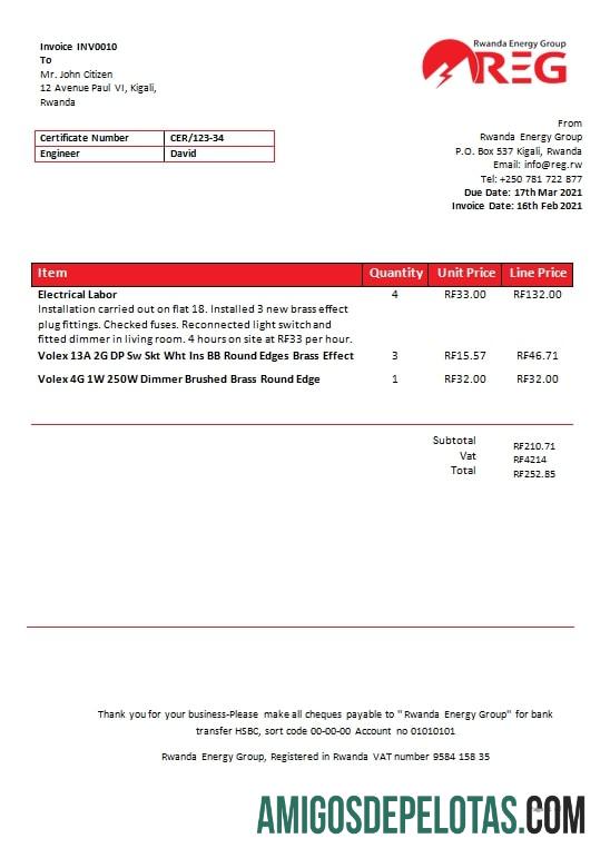 Para baixar modelo de conta de serviços públicos de eletricidade do Ruanda Energy Group em formato Word e PDF